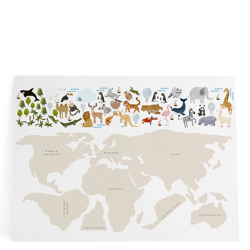 Dünya Haritası & Hayvanlar Bej Duvar Etiketi