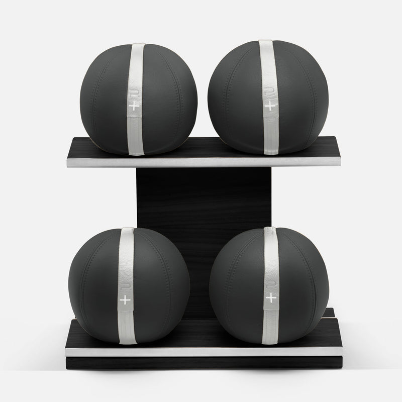 MOXA Set - Set of Leather Medicine Balls on horizontal wooden stand | Power