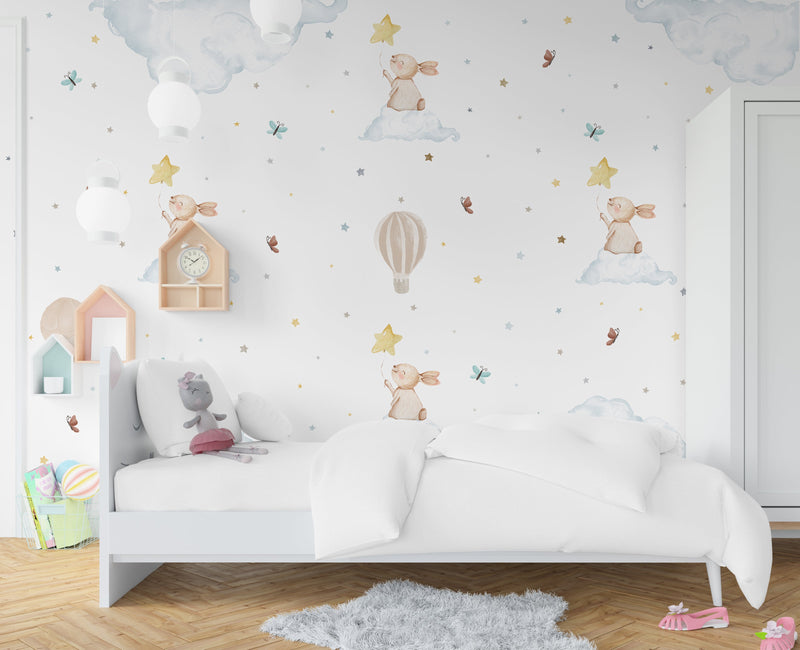 Rabbit Pink Stars Wallpaper Beige