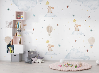 Rabbit Pink Stars Wallpaper Beige