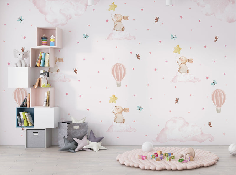 Rabbit Balloons Pink Wallpaper
